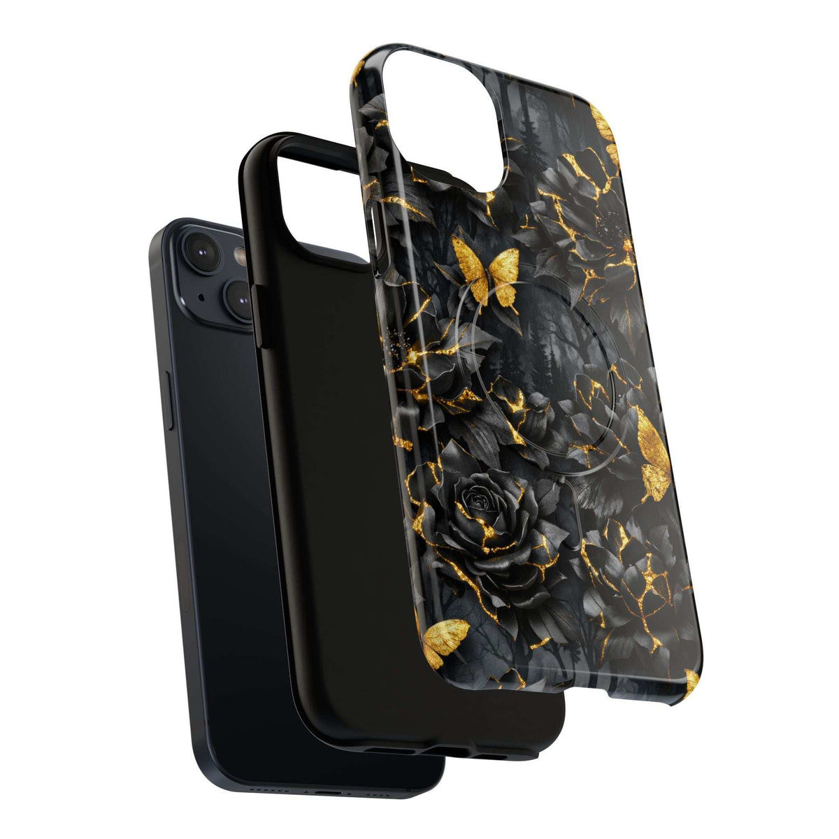 Black phone case with gold crackle florals, roses and butterflies; cutout for camera.