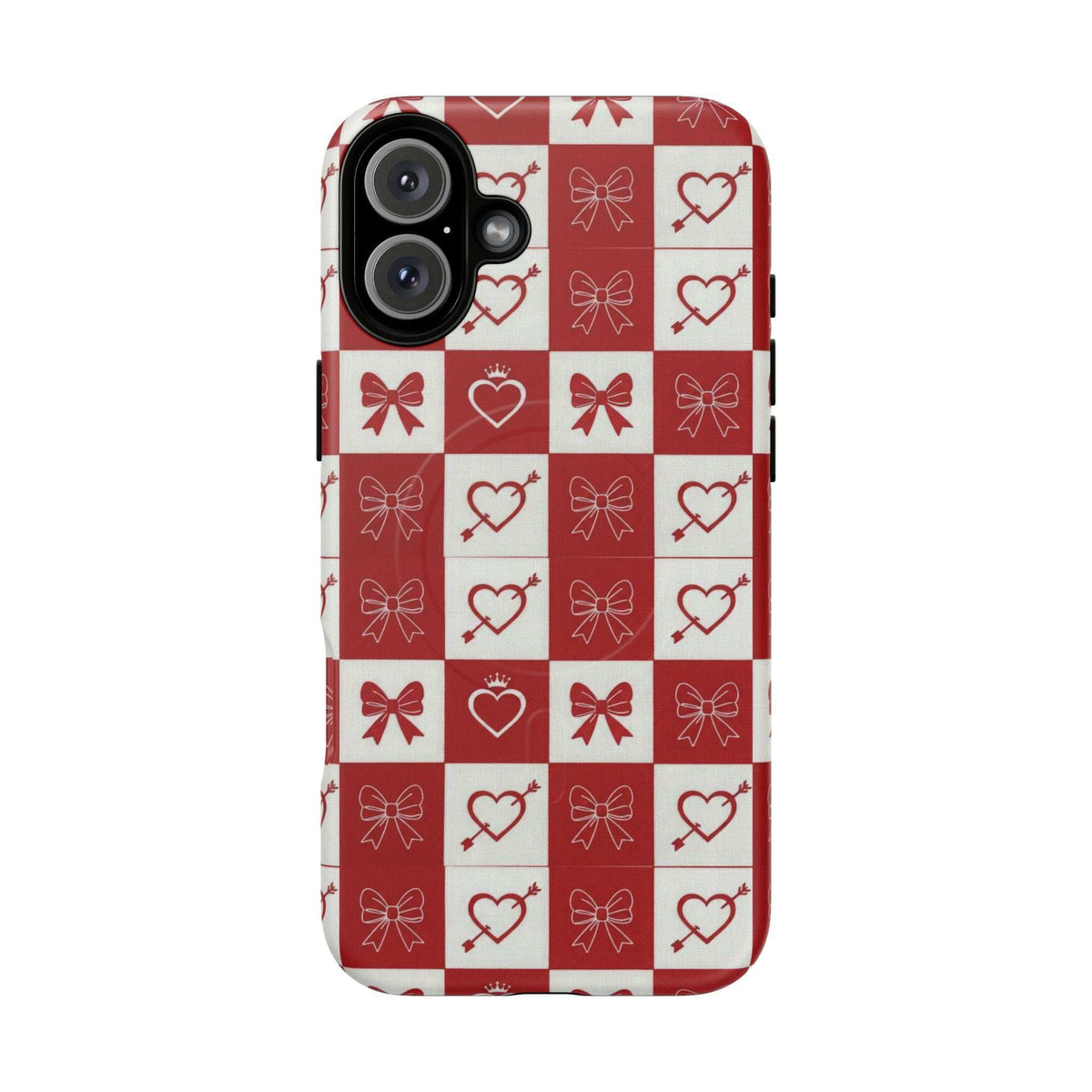 Red and white checkered phone case with hearts and bows, camera and flash cutout