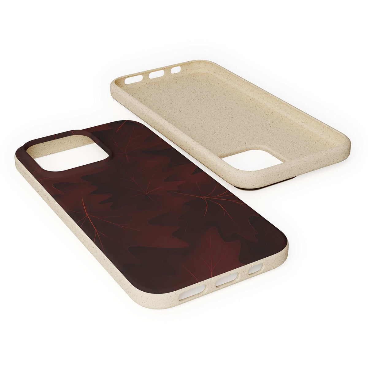 Phone case with maroon leaf pattern and light tan protective shell for phone model ports