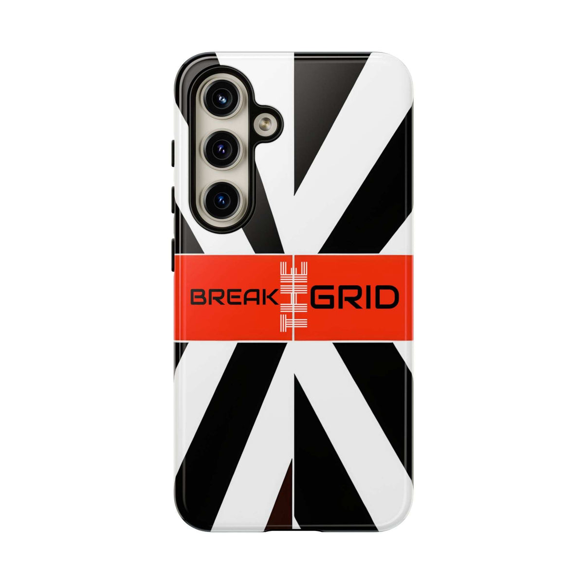 Phone case with black-and-white geometric stripes and orange BREAK GRID band, front camera openings