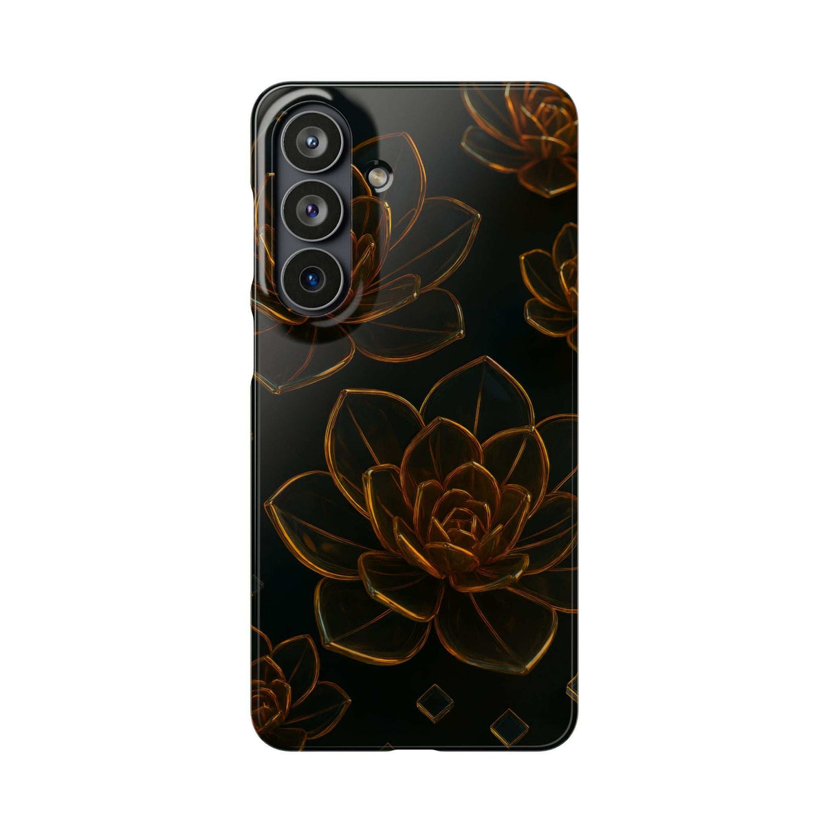 Glossy black glass phone case with amber lotus pattern and full rear camera coverage