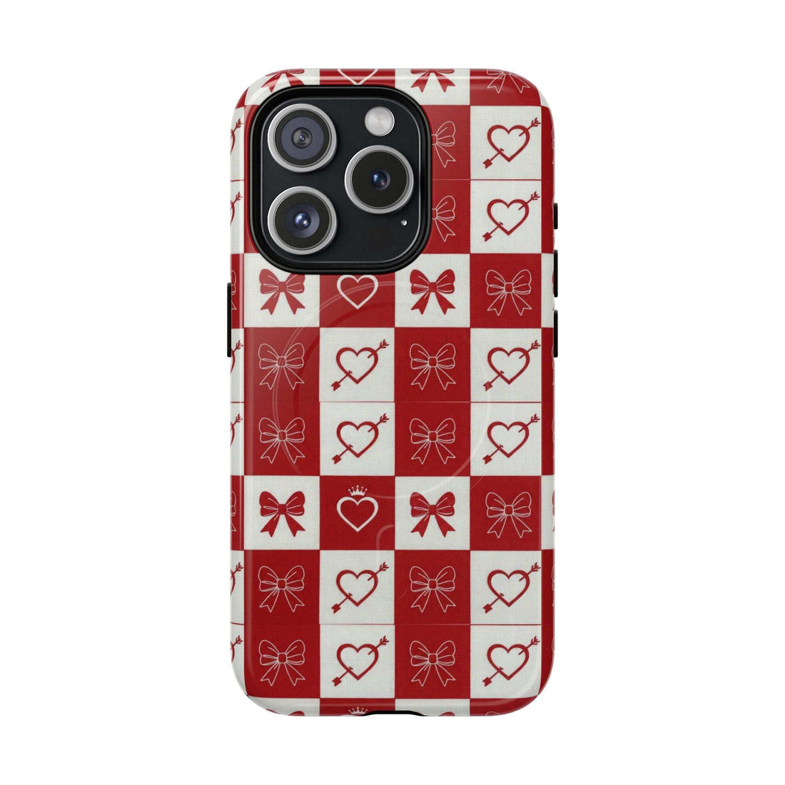 Red and white checkered phone case with hearts and bows pattern, camera lens cutouts