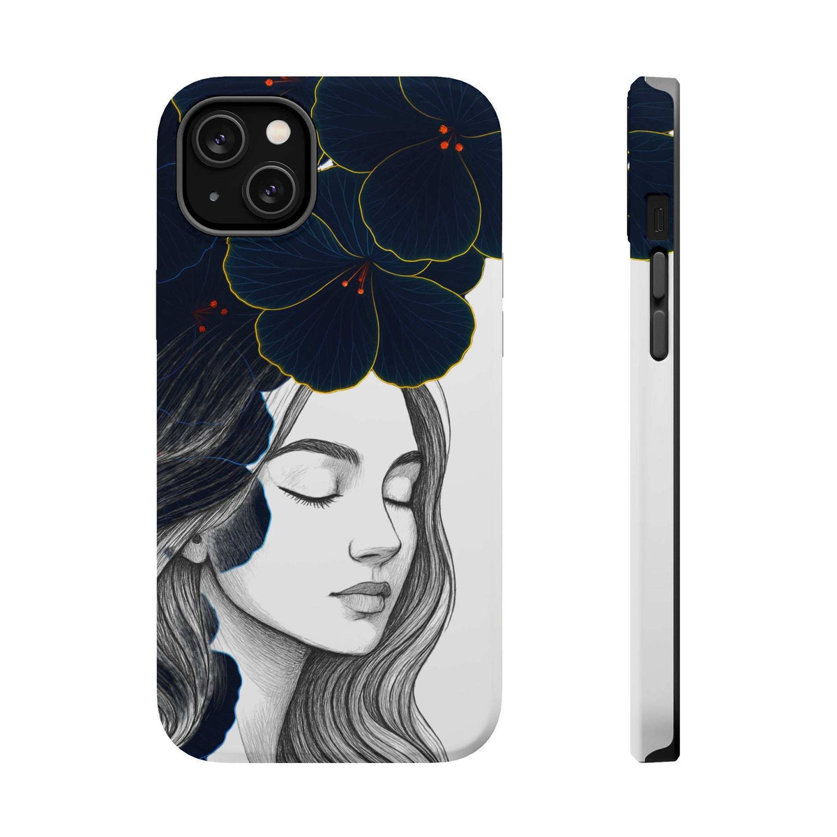 Phone case front and side view, floral woman design with blue flowers and raised camera module
