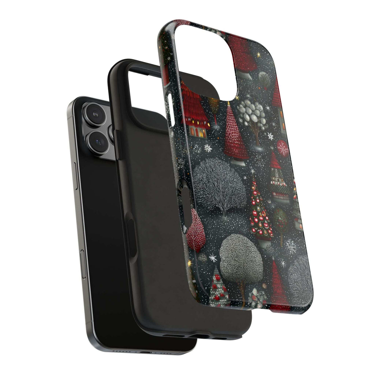 Frosted phone case with dark gray snowy design, red Christmas trees, front and back shown