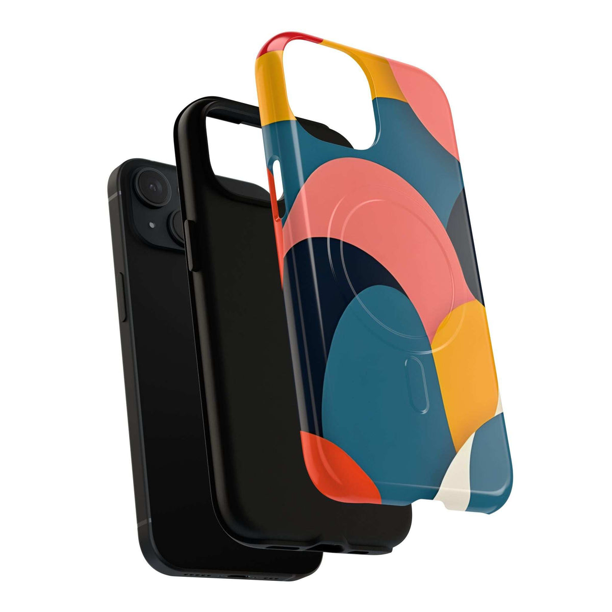 Colorful abstract art iPhone 13-17 phone case angled with camera cutout and side edges