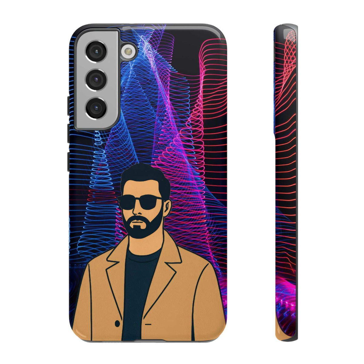Glossy phone case showing bearded man portrait, neon blue and pink wire lines, side profile included