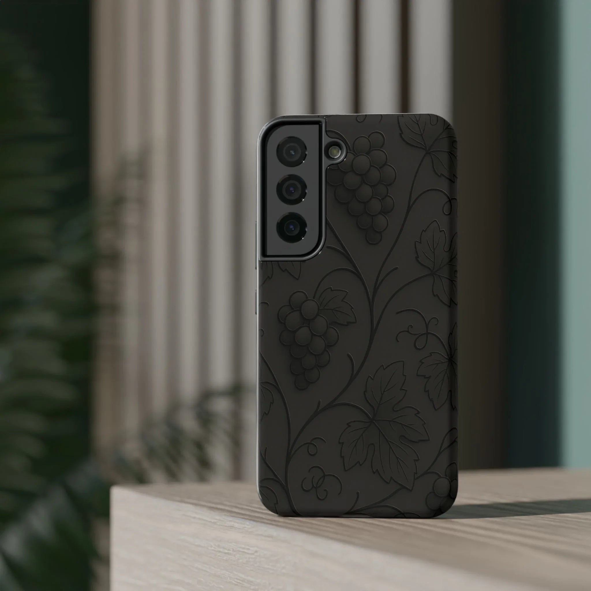 Elegant Embossed Grape Leaf Black Phone Case for iPhone and Galaxy - KARARMDESIGN