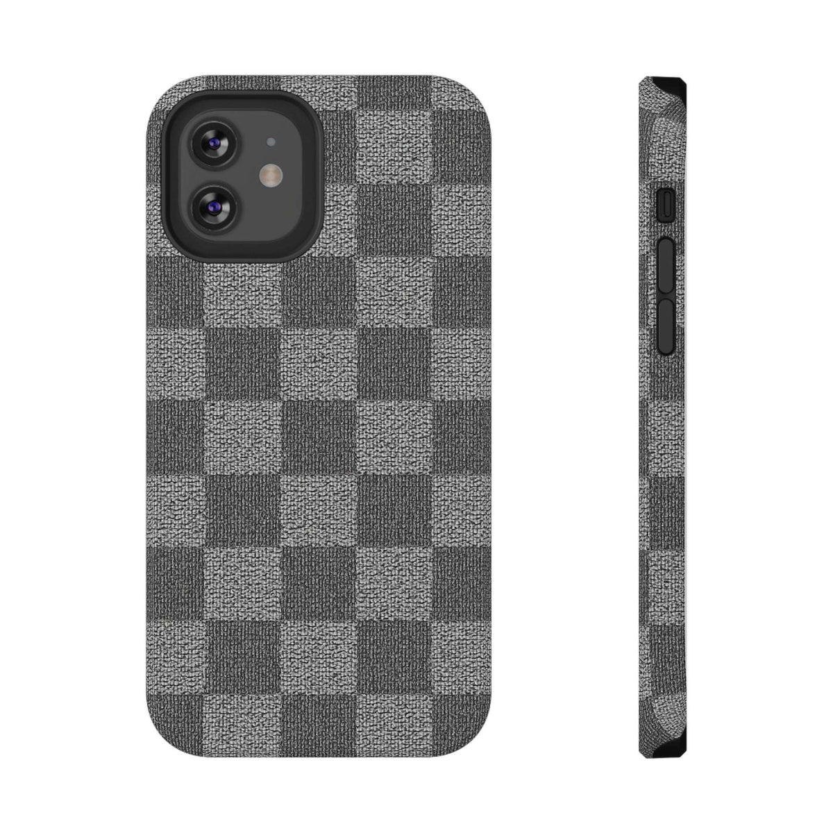 Gray checkered phone case with raised camera cover and cutouts for buttons
