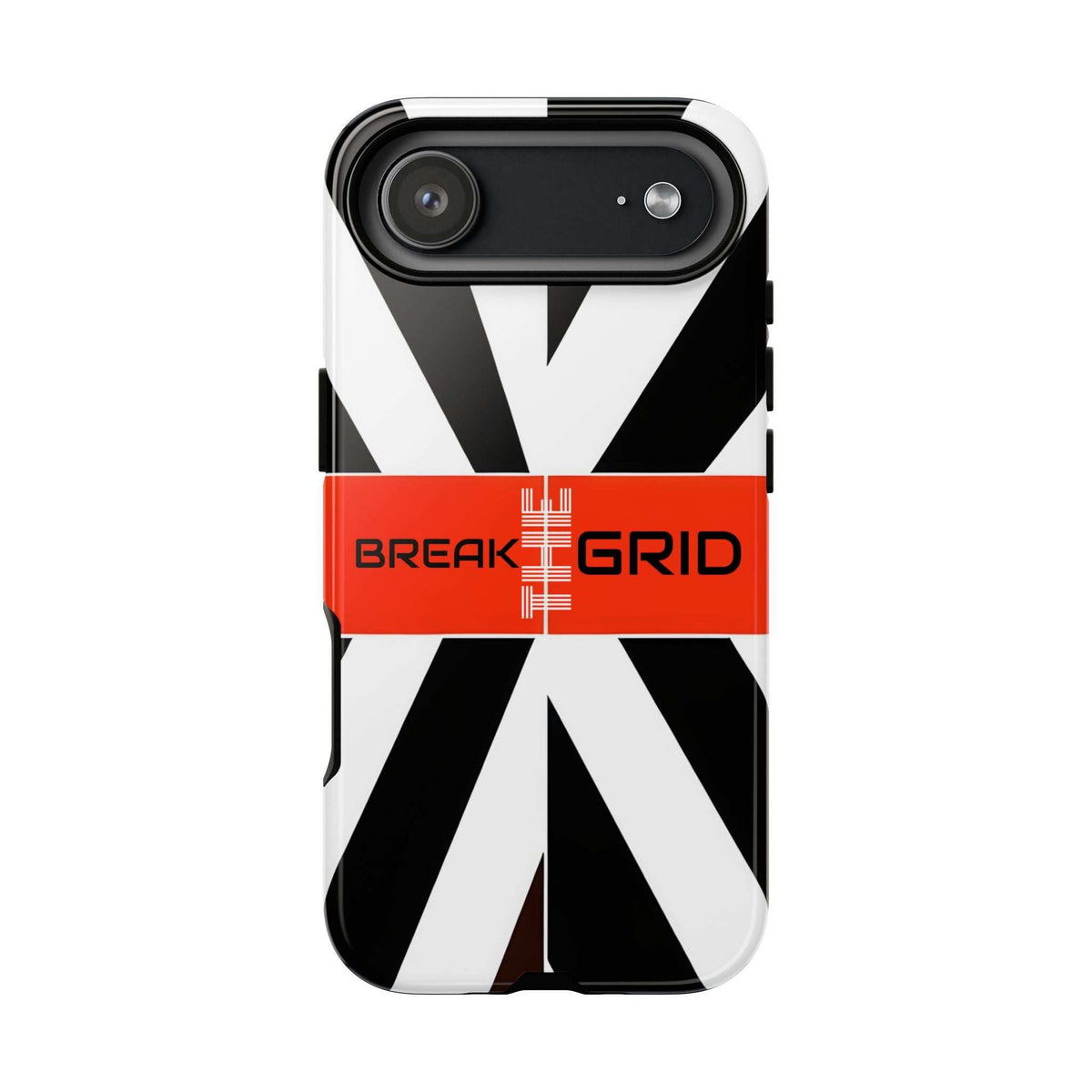 Phone case side view with dark camera bar and black-and-white geometric stripes, orange band