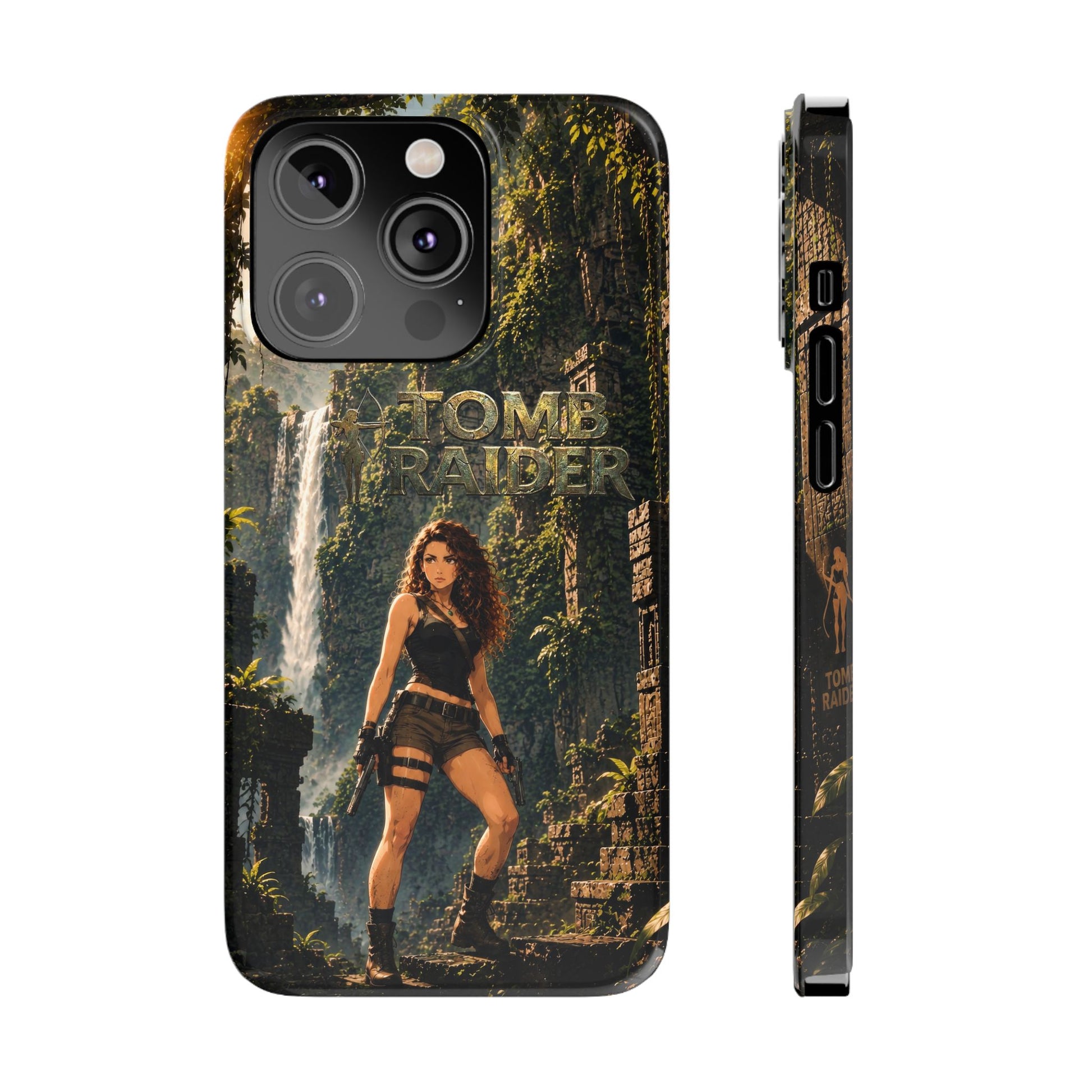 Tomb Raider phone case with dark back artwork, raised camera ring cutouts, side profile