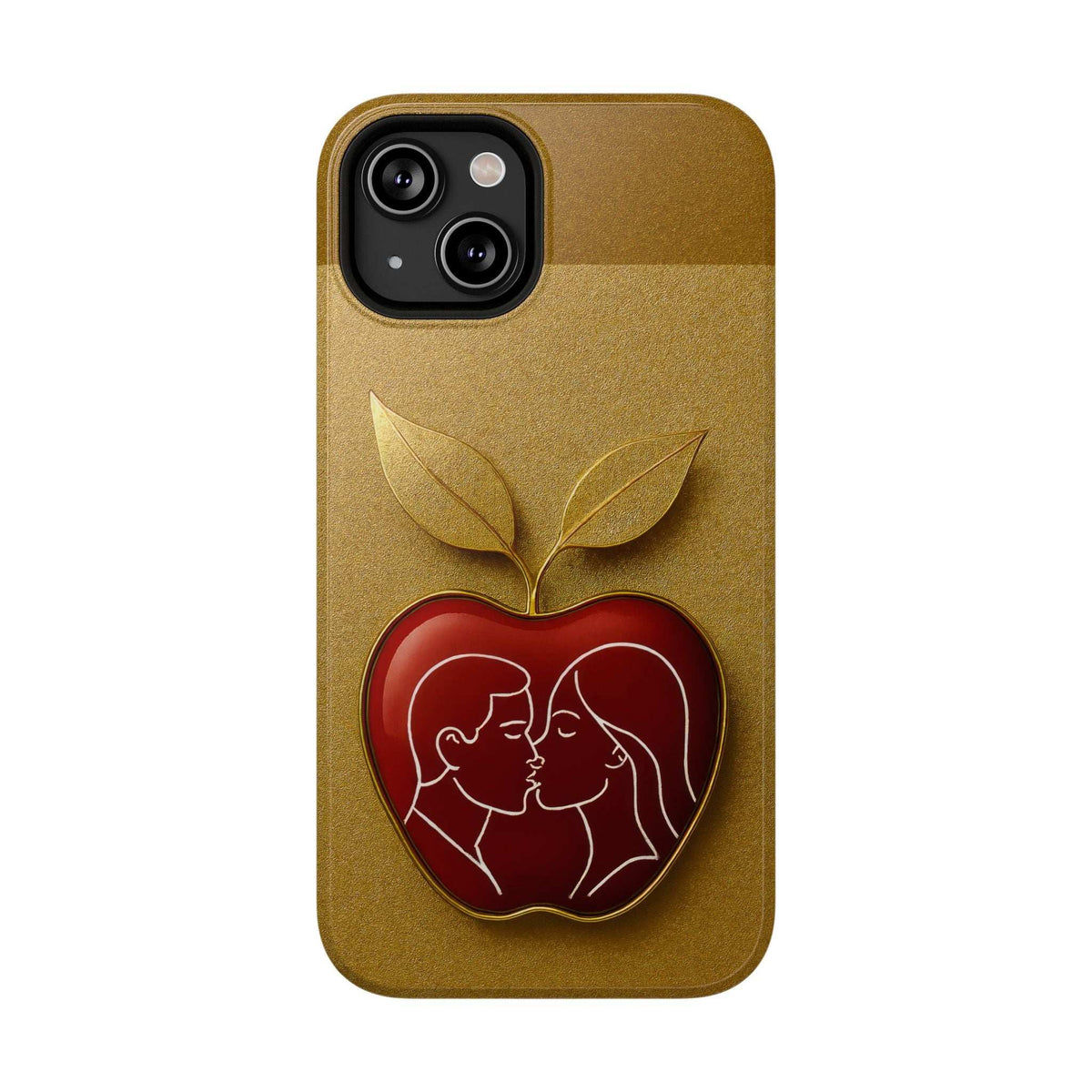 Gold iPhone case with leaf and red apple-heart couple design; back view, camera cutout
