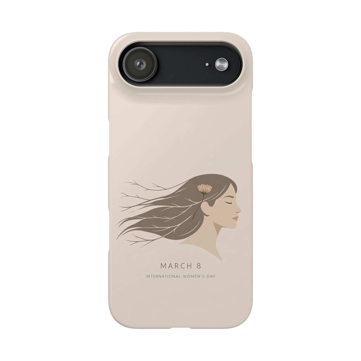 Beige phone case with woman profile illustration, March 8 text, and single horizontal camera window