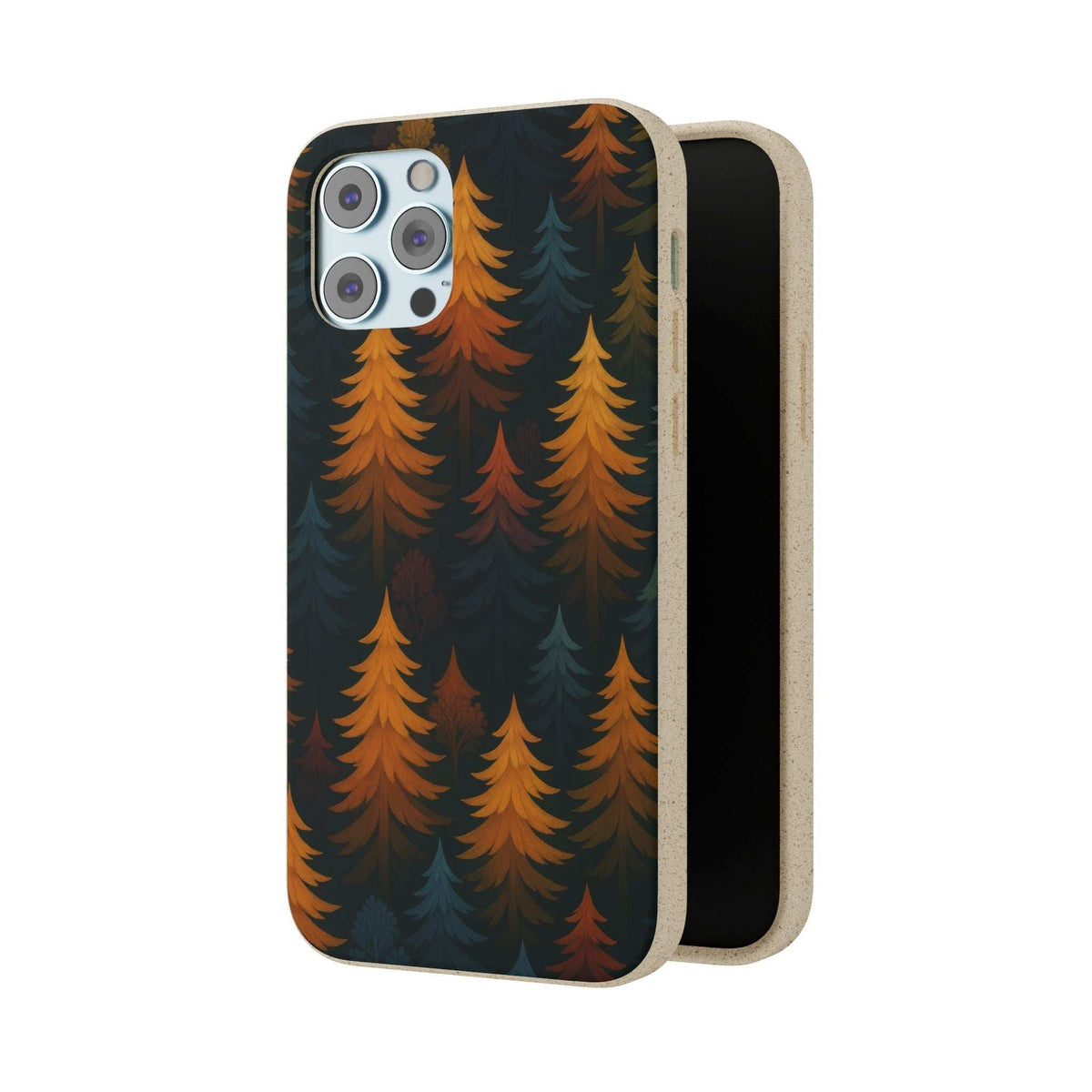 Biodegradable phone case with forest tree pattern and tan side bumper