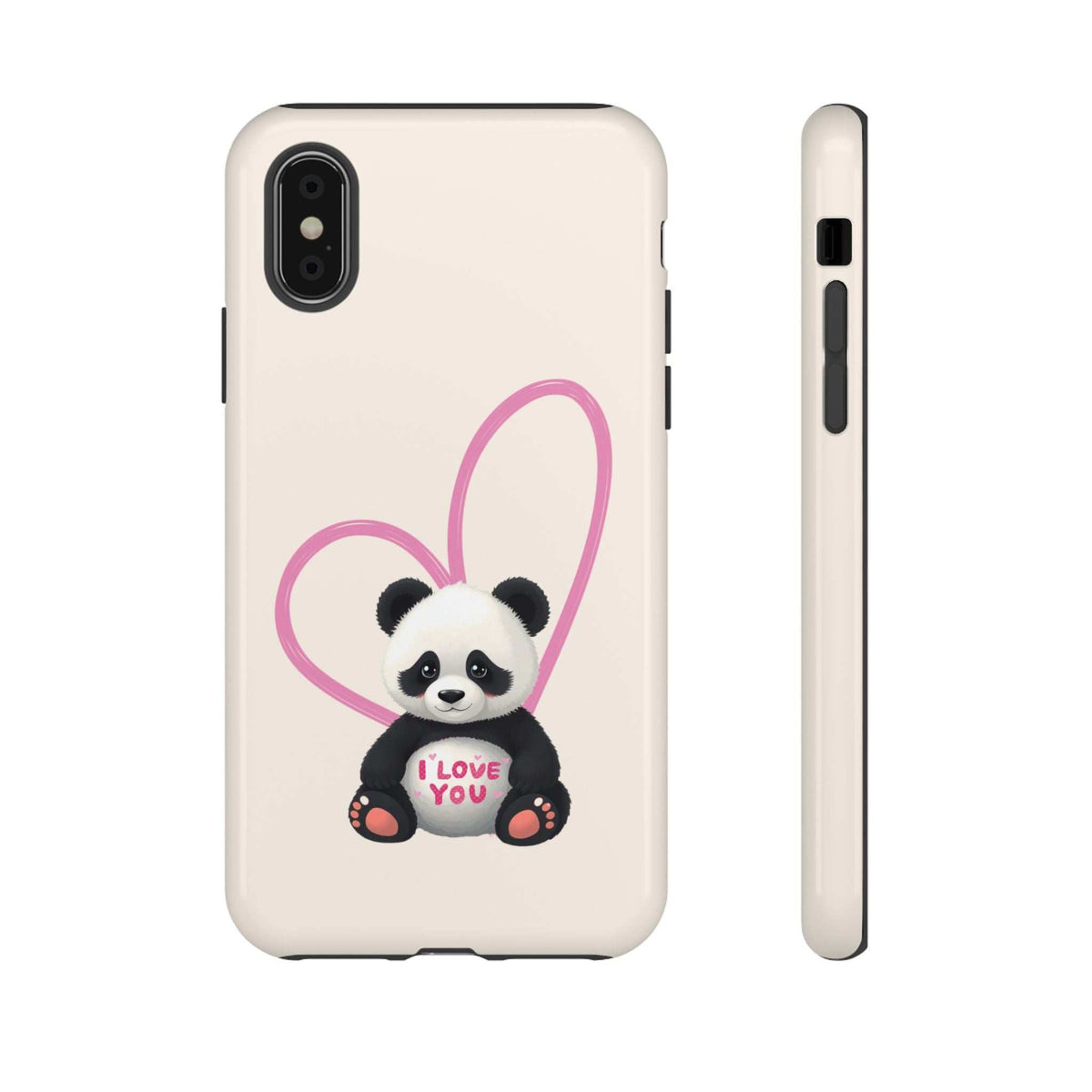 Beige phone case with cute panda in pink heart, “I LOVE YOU” text; back and side view
