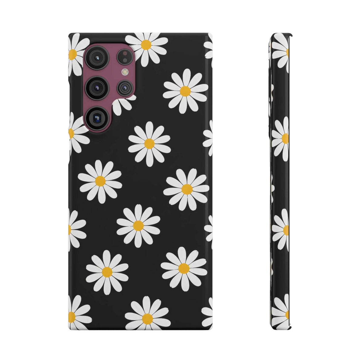 Black phone case with white daisies and yellow centers, back and side profile view.