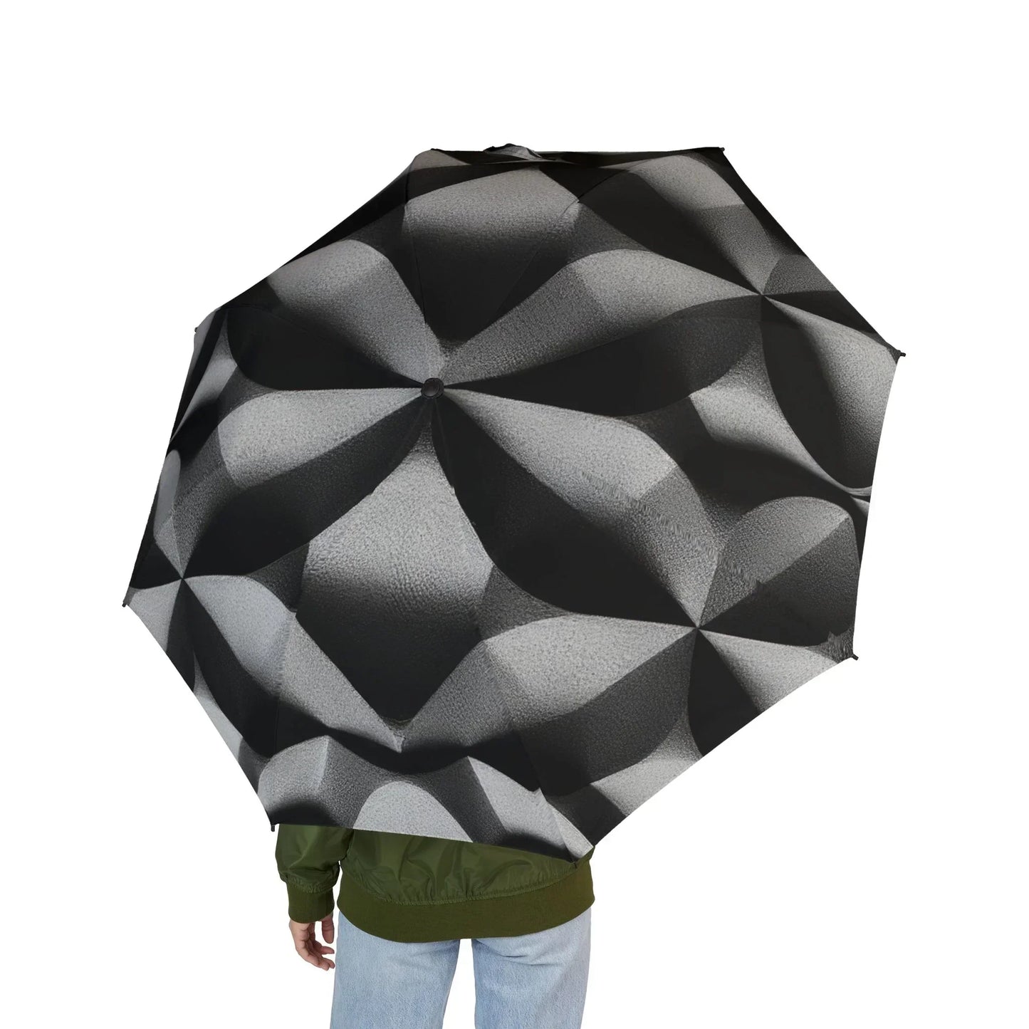 Black 3D Geometric Pattern Semi-Automatic Umbrella – Stylish Rain Protection - KarArmDesign