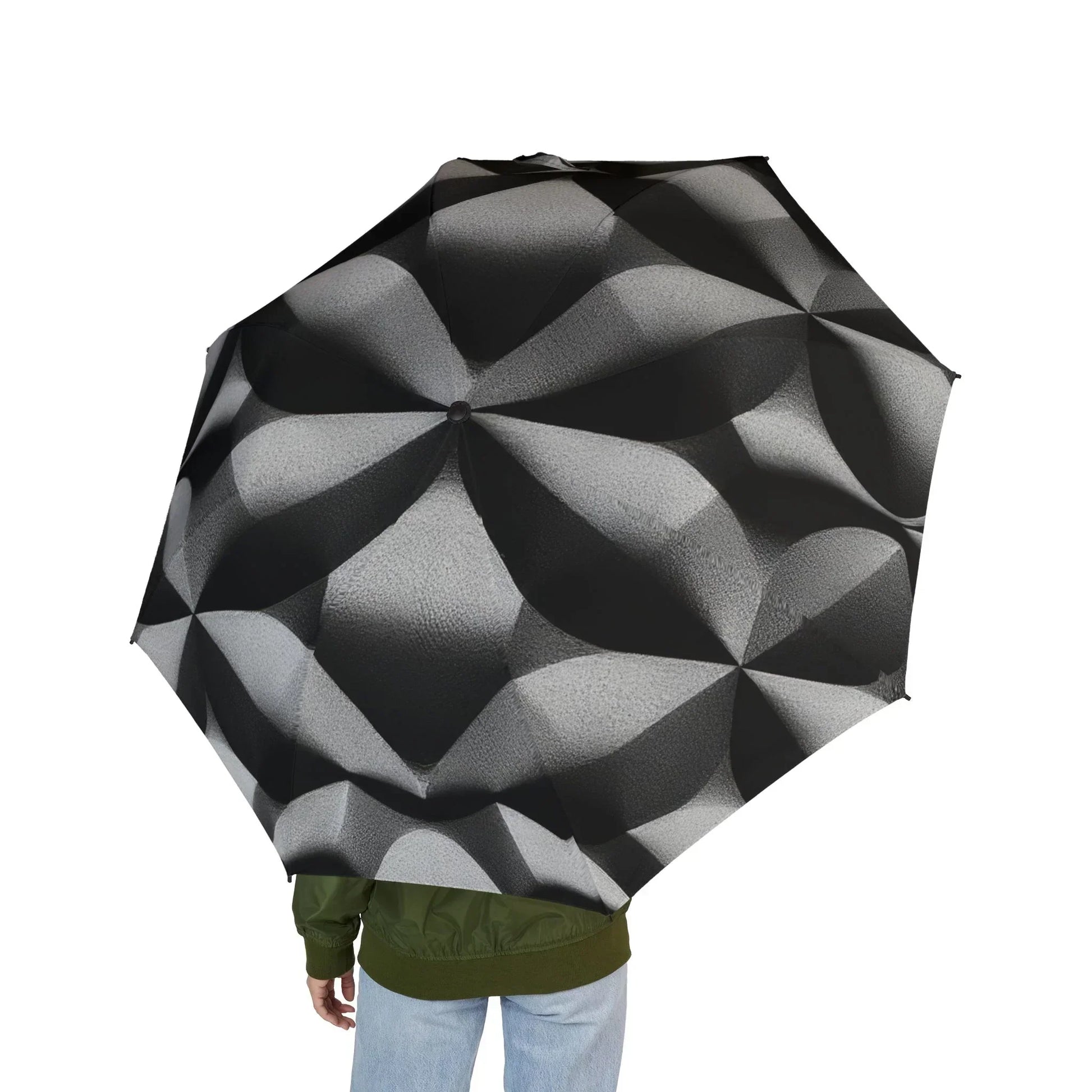 Black 3D Geometric Pattern Semi-Automatic Umbrella – Stylish Rain Protection - KarArmDesign
