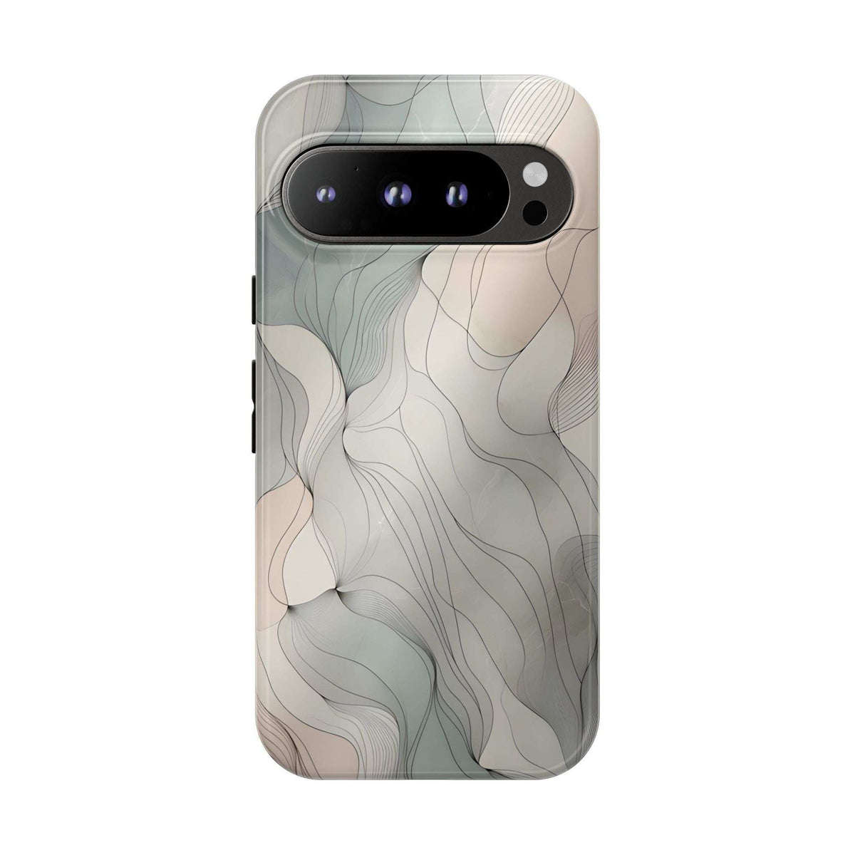 Pastel wave phone case with light beige and blue-gray wave pattern, horizontal camera bar