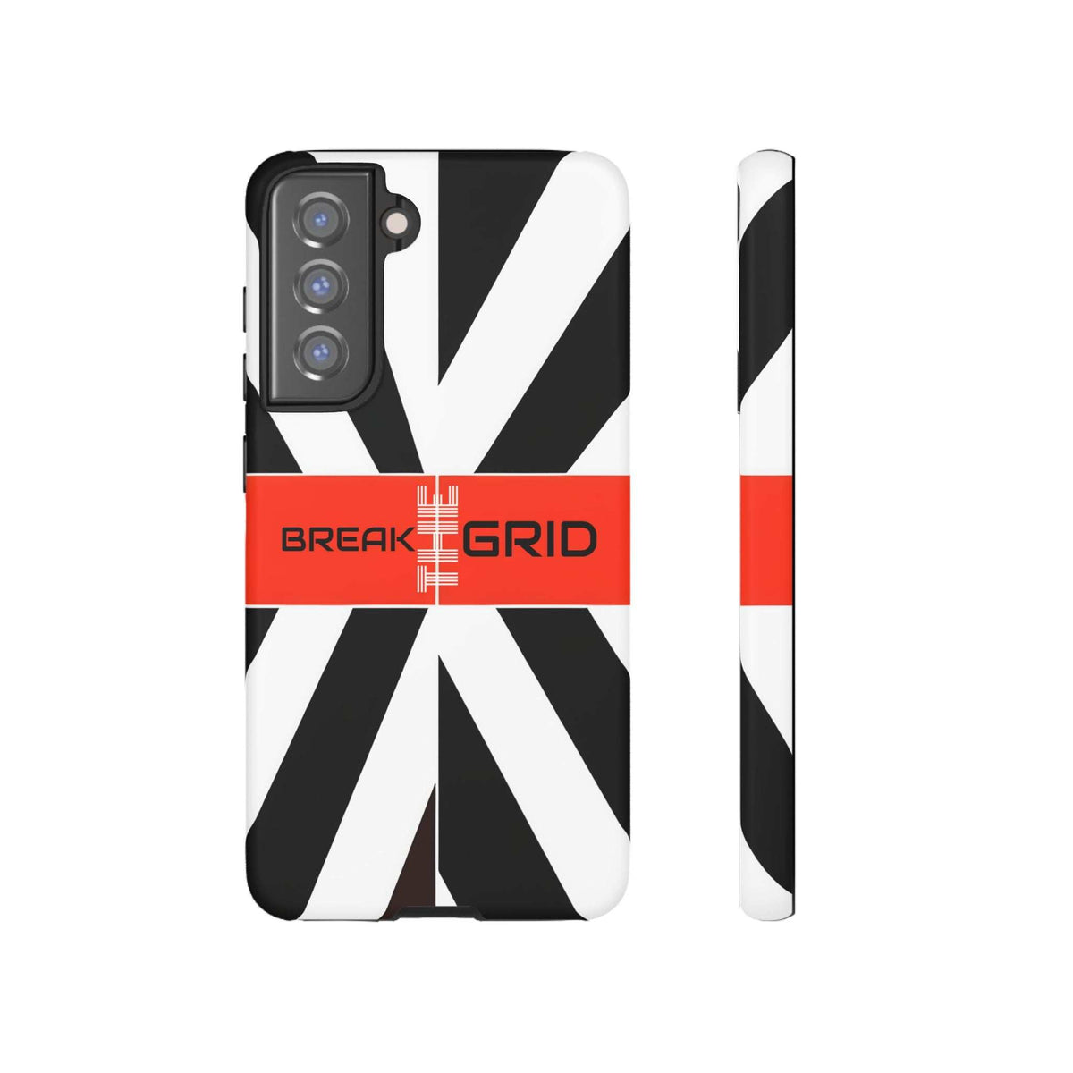 Phone case with black-and-white geometric stripes, red "Break Grid" band, front and side view.