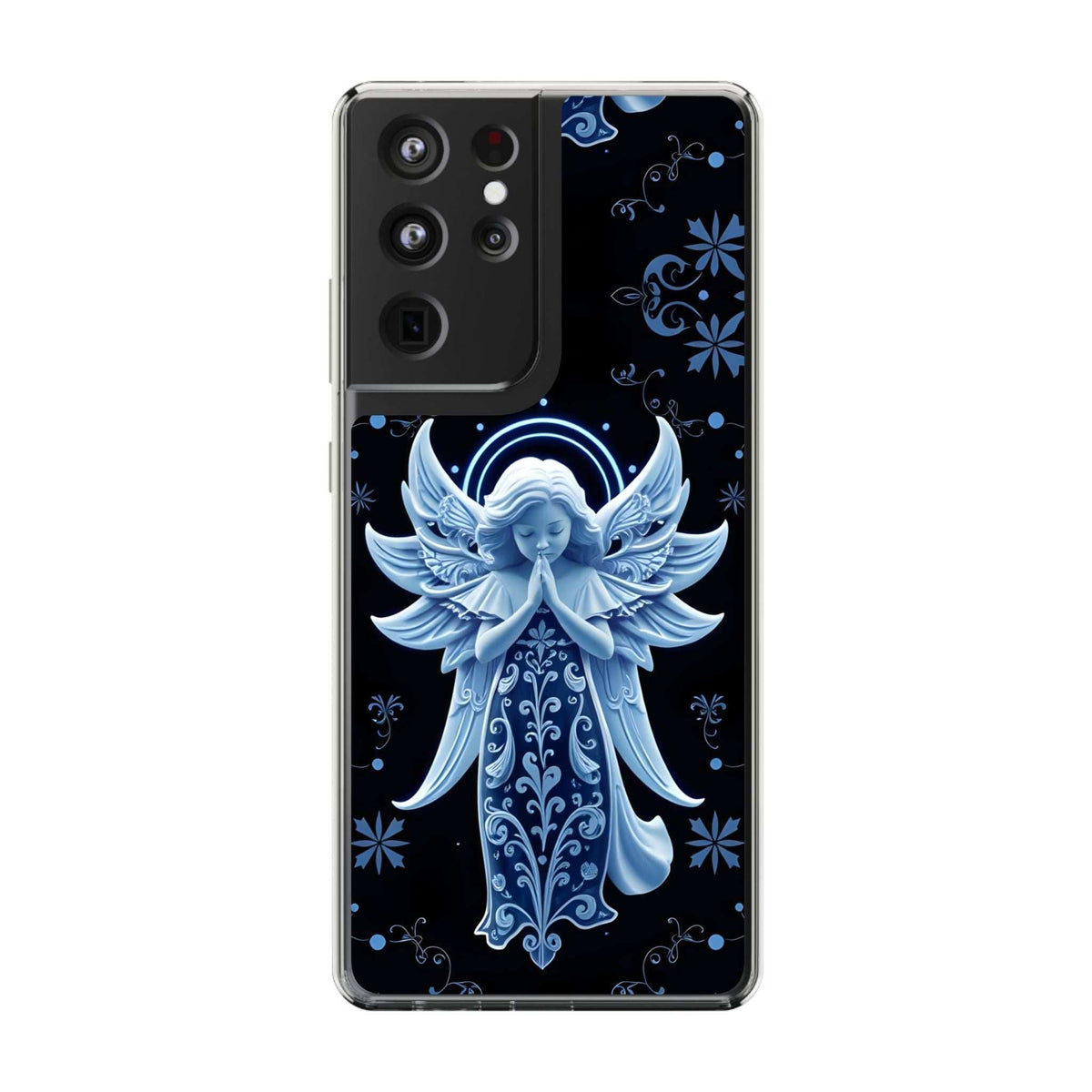 Dark phone case with blue angel prayer artwork and front camera cutouts