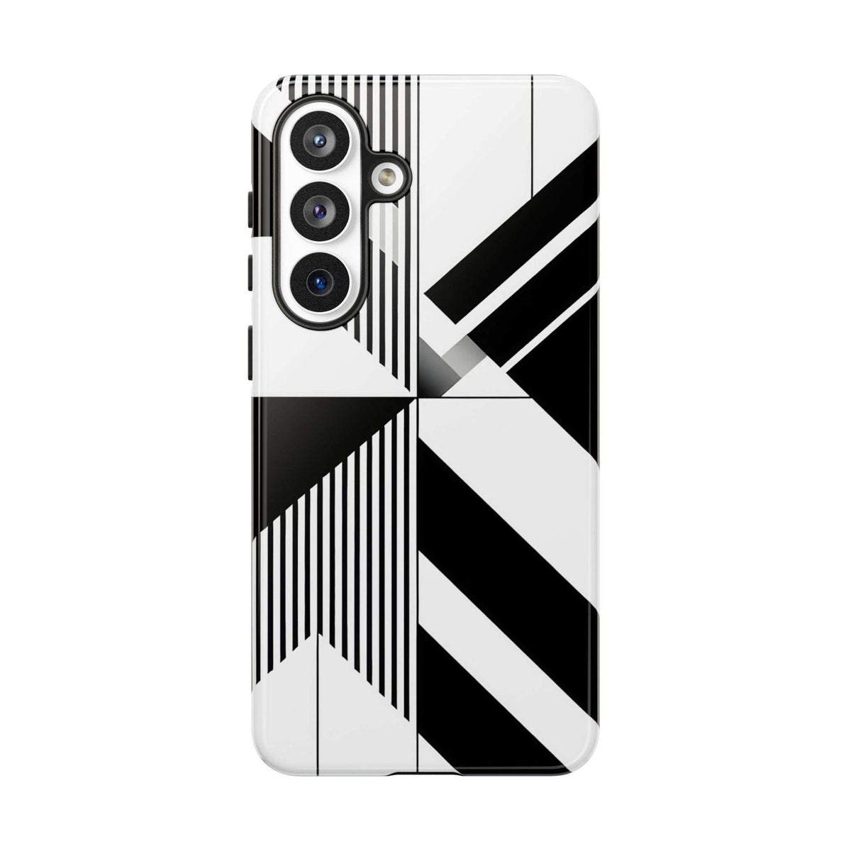 Monochrome tough phone case showing geometric stripe and chevron design, side bumper visible