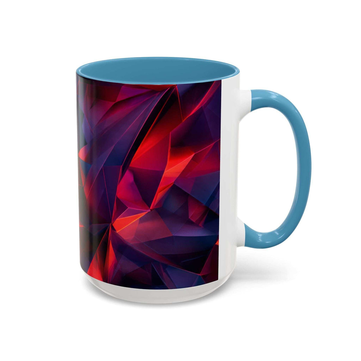 Ceramic mug with light blue rim and right-side handle, white body with red and blue geometric print