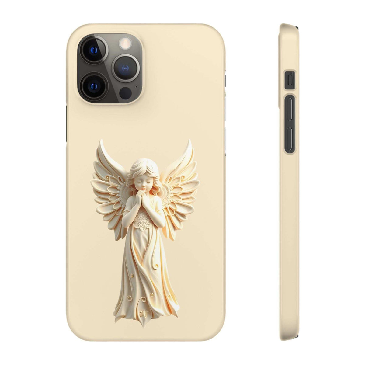 Beige phone case with angel figure design and quad camera cutouts, side profile shown