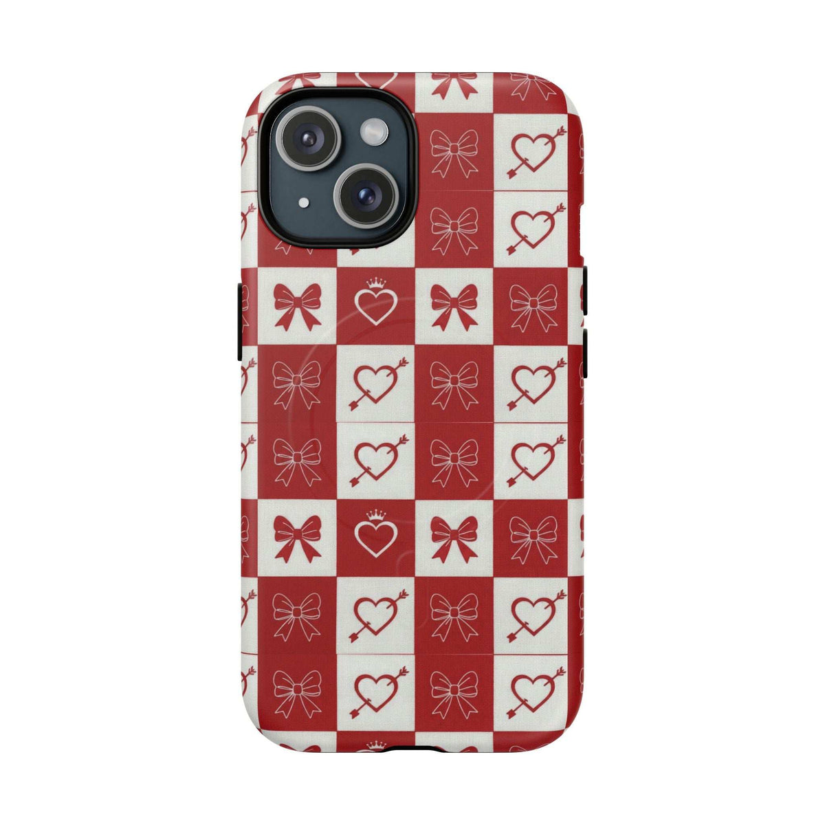 Red and white checkered phone case featuring hearts and bows, raised camera panel