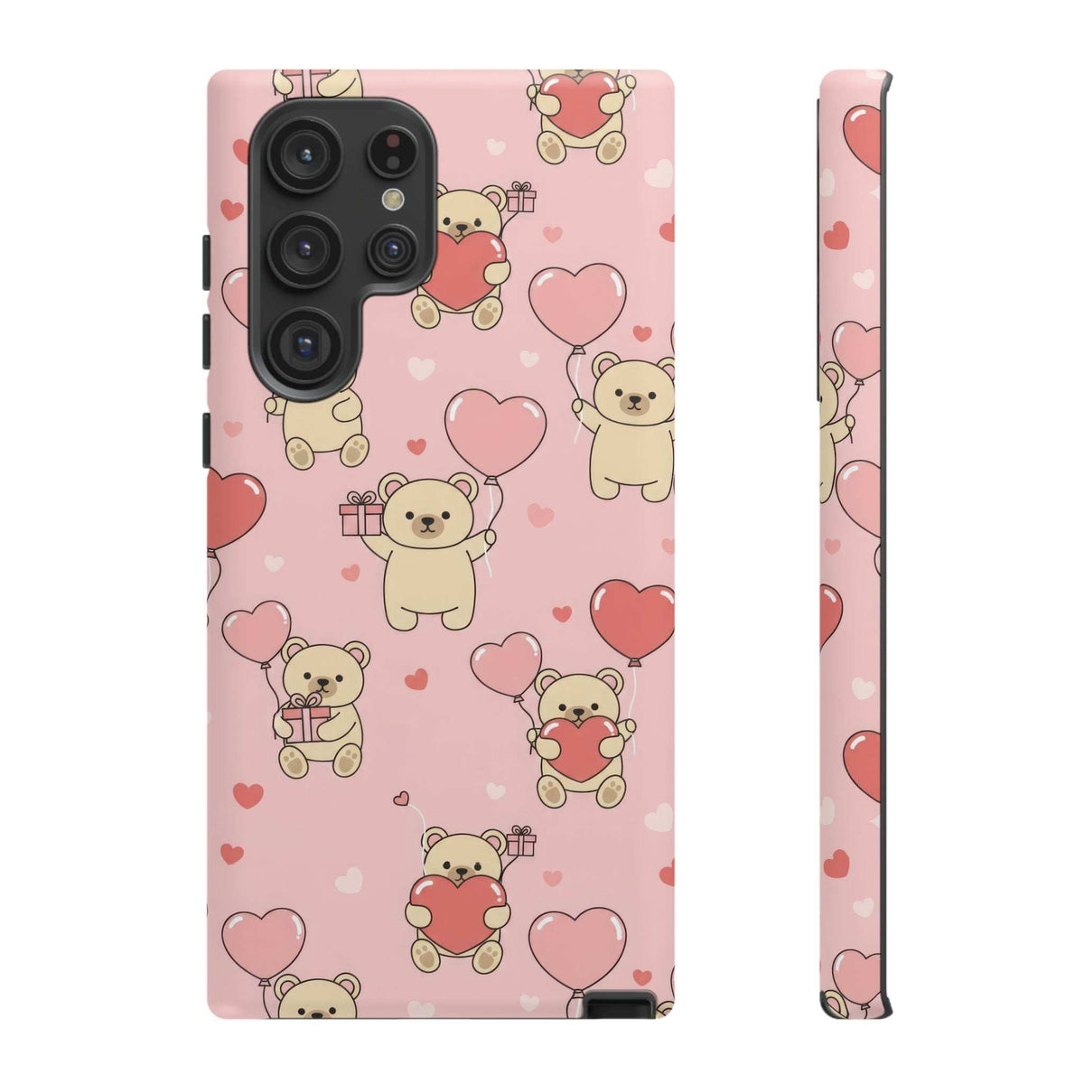 Pink teddy bear and hearts phone case with camera cutout and side frame openings