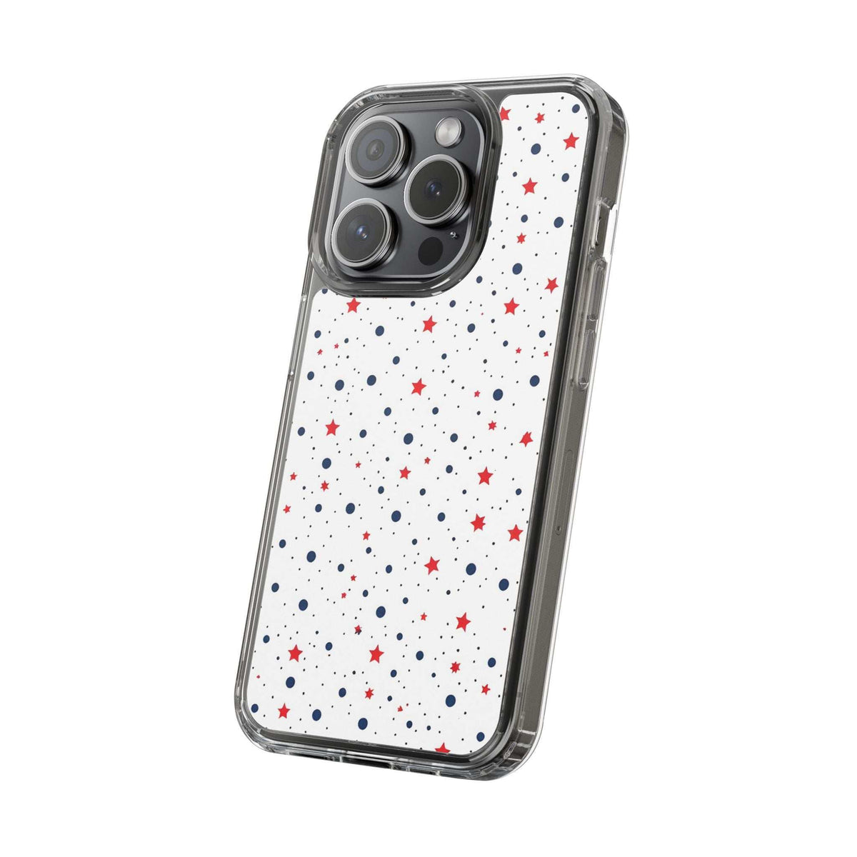 Clear phone case with white polka dots and star pattern, red and navy accents