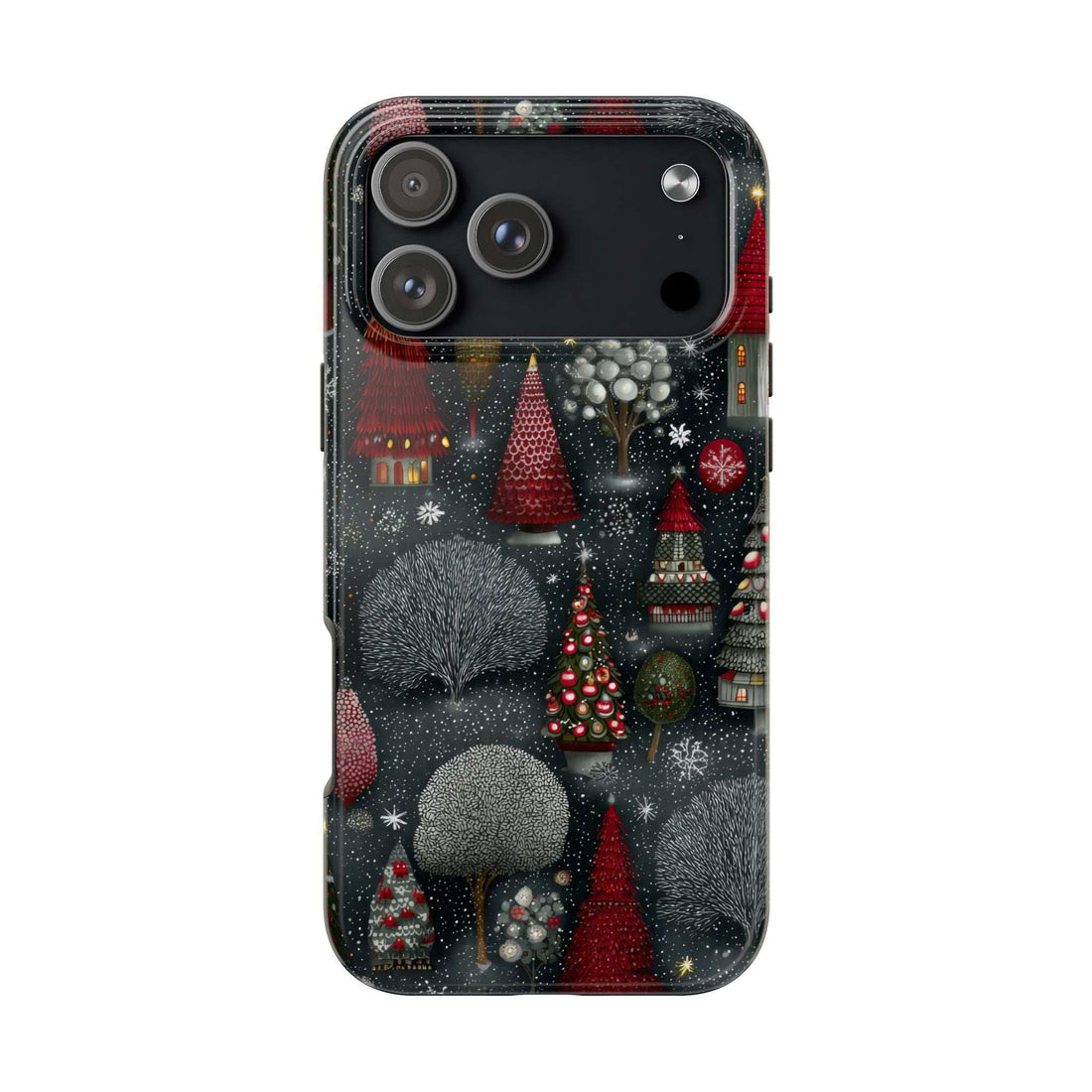 Winter forest themed phone case with frosted fir trees and red decorations
