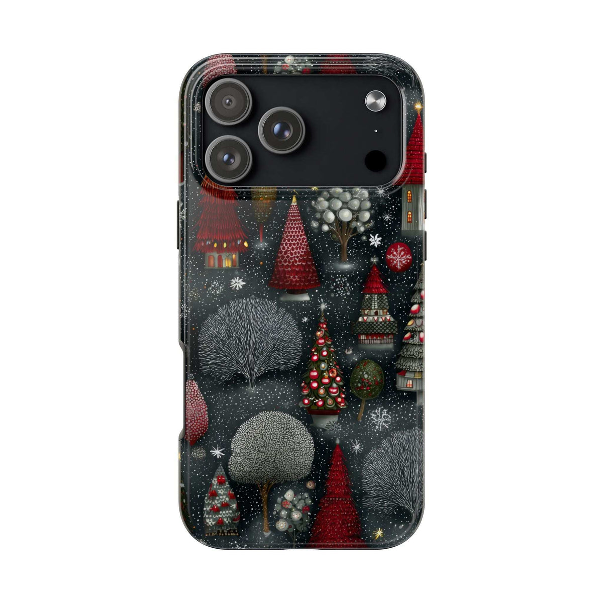 Winter forest themed phone case with frosted fir trees and red decorations