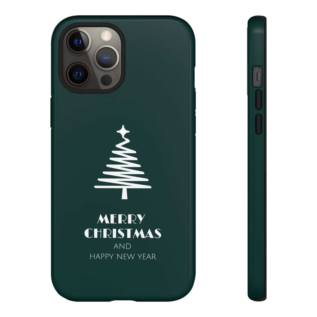 Dark green glossy phone case with raised Christmas tree and "Merry Christmas" text
