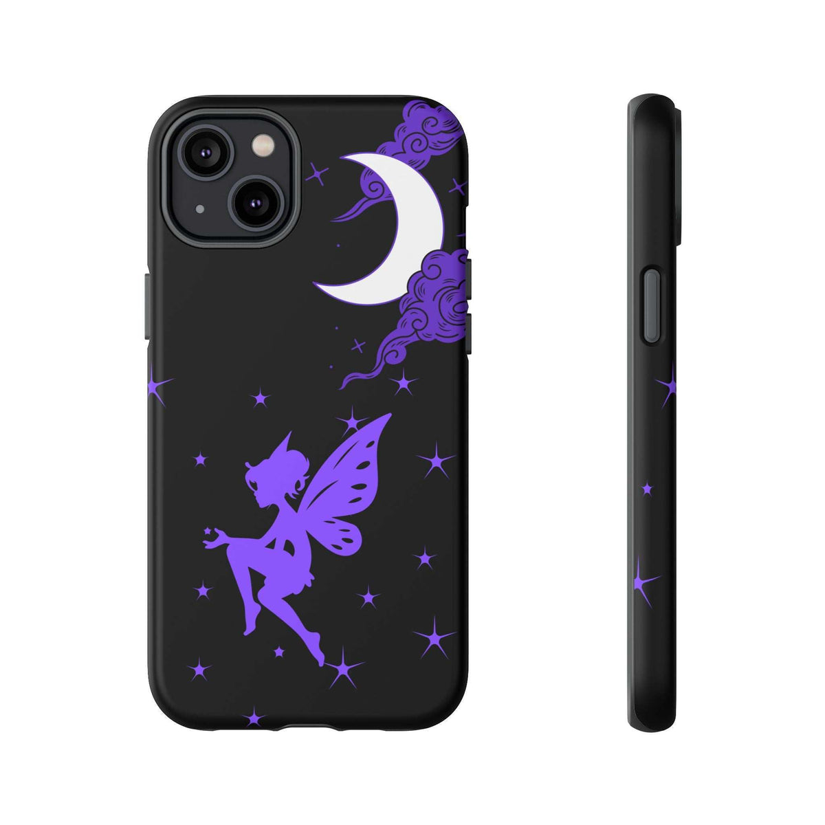 Black phone case with purple fairy, moon, and star pattern; cutouts for cameras and ports