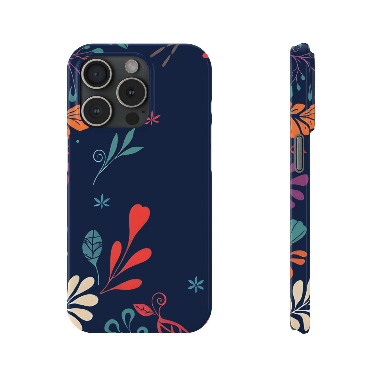 Dark navy phone case with colorful floral and bird pattern; front view with camera cutouts