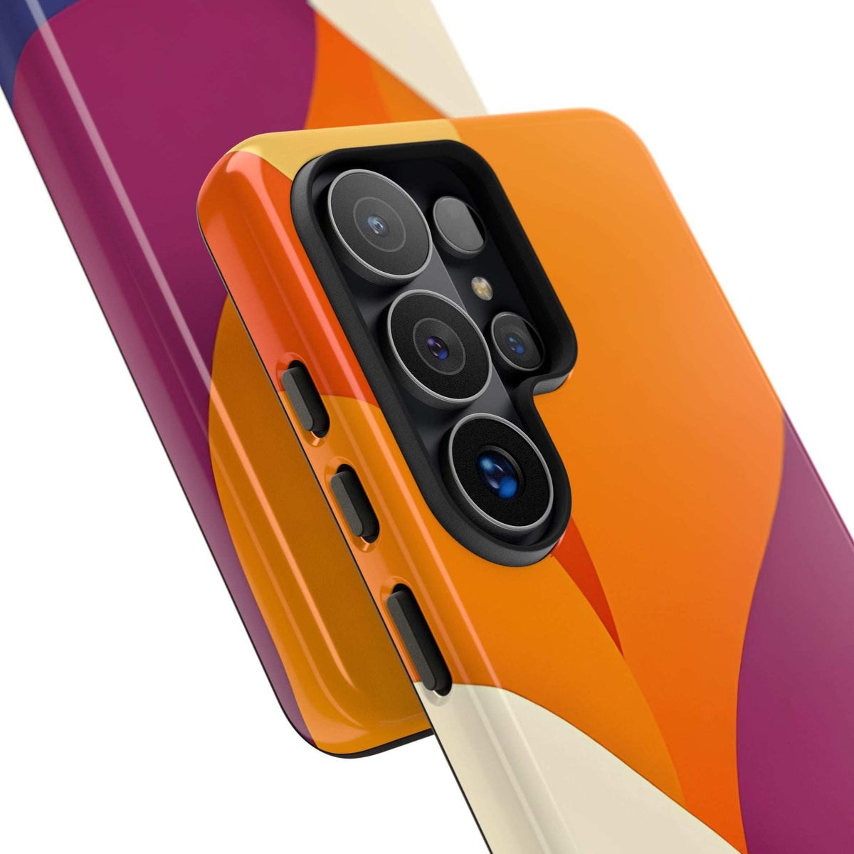 Phone case with abstract orange, purple, and cream geometric design; camera cutout