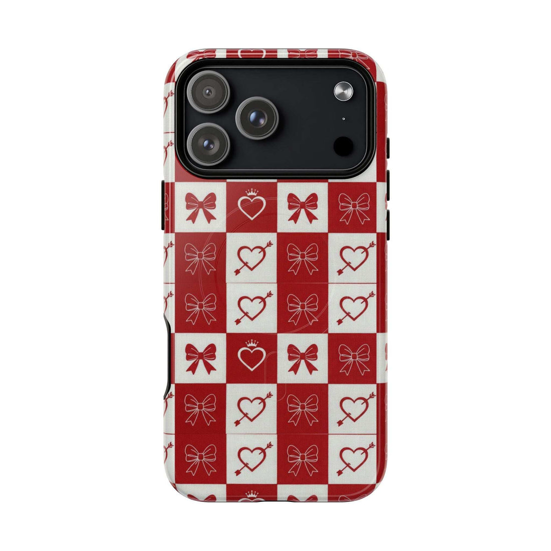 Red and white checkered phone case with hearts and bows pattern, camera lens cutouts