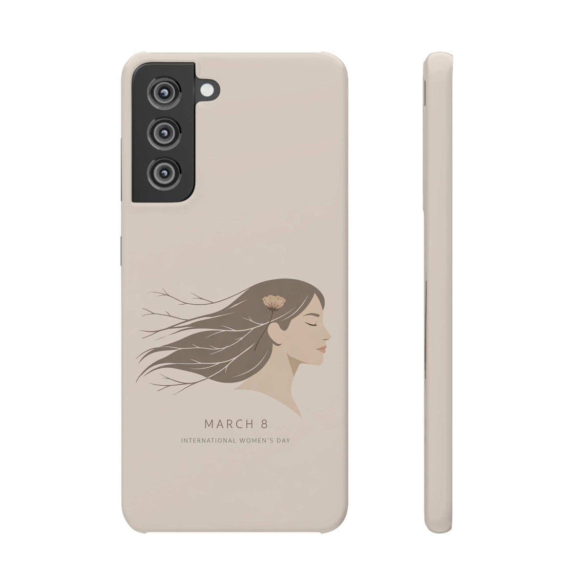 Beige phone case with woman profile graphic and “MARCH 8” text; multi-lens camera opening.