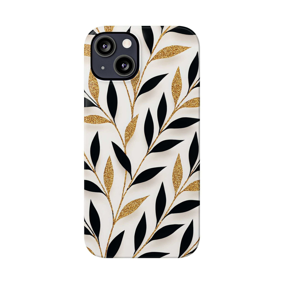 White leaf-pattern phone case with gold glitter details and black camera cutouts