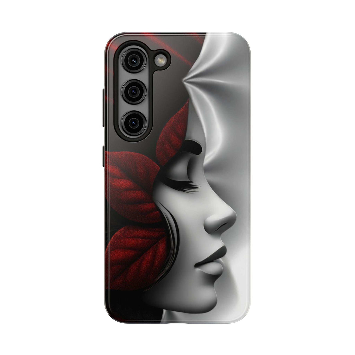 Phone case with side cutouts, featuring a gray woman face and red flower design
