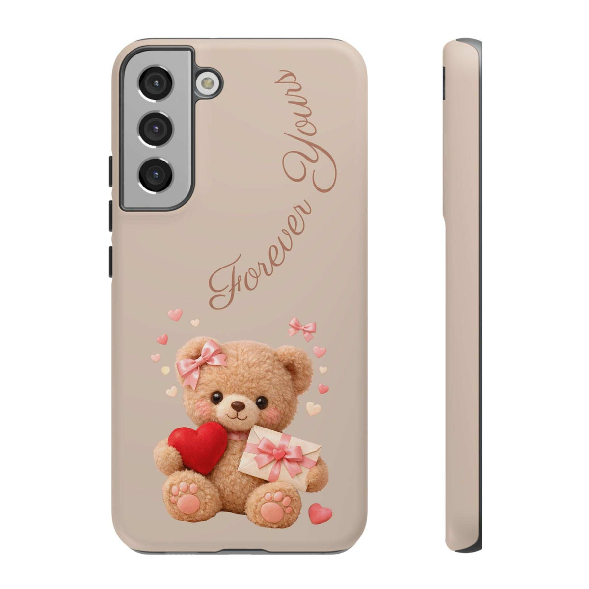 Beige phone case with teddy bear and red heart; front and side profile shown, Samsung Galaxy.