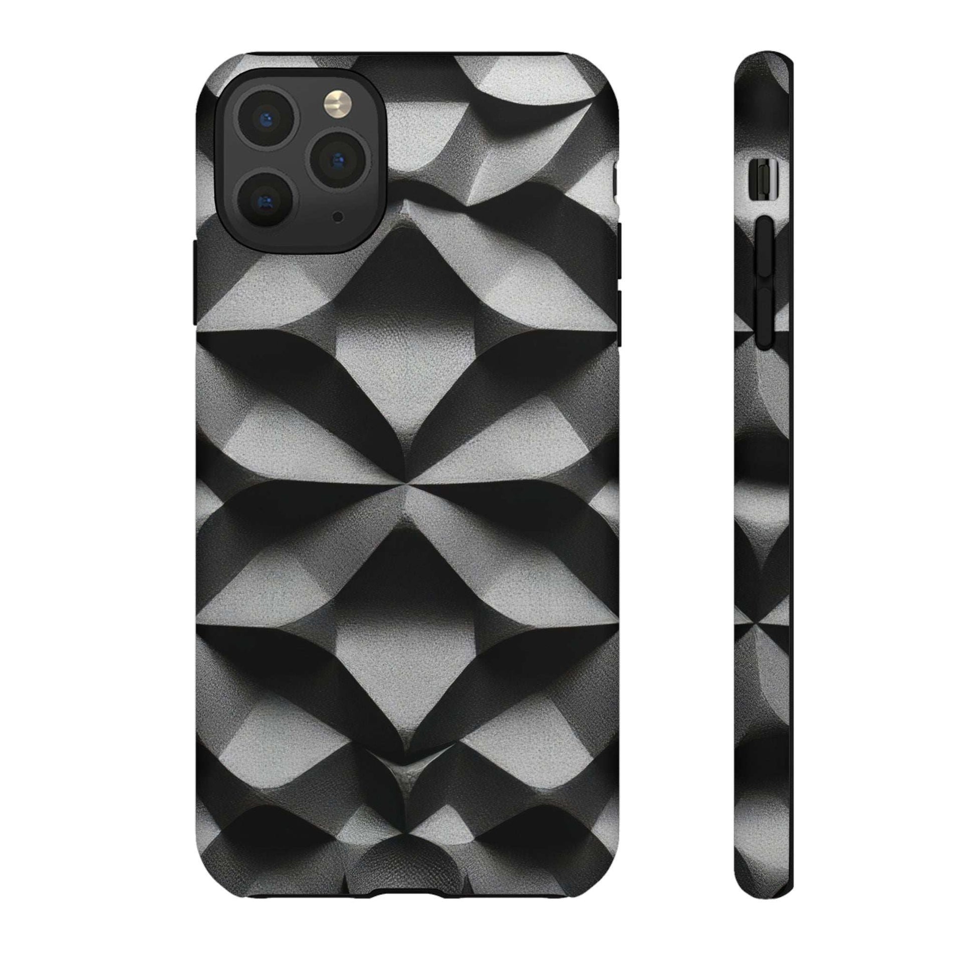 Tough phone case with black and silver geometric diamond pattern, front camera cluster