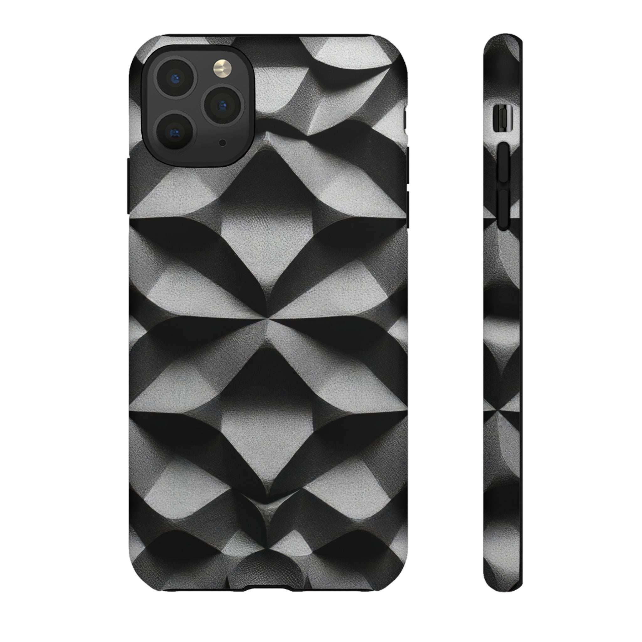 Tough phone case with black and silver geometric diamond pattern, front camera cluster