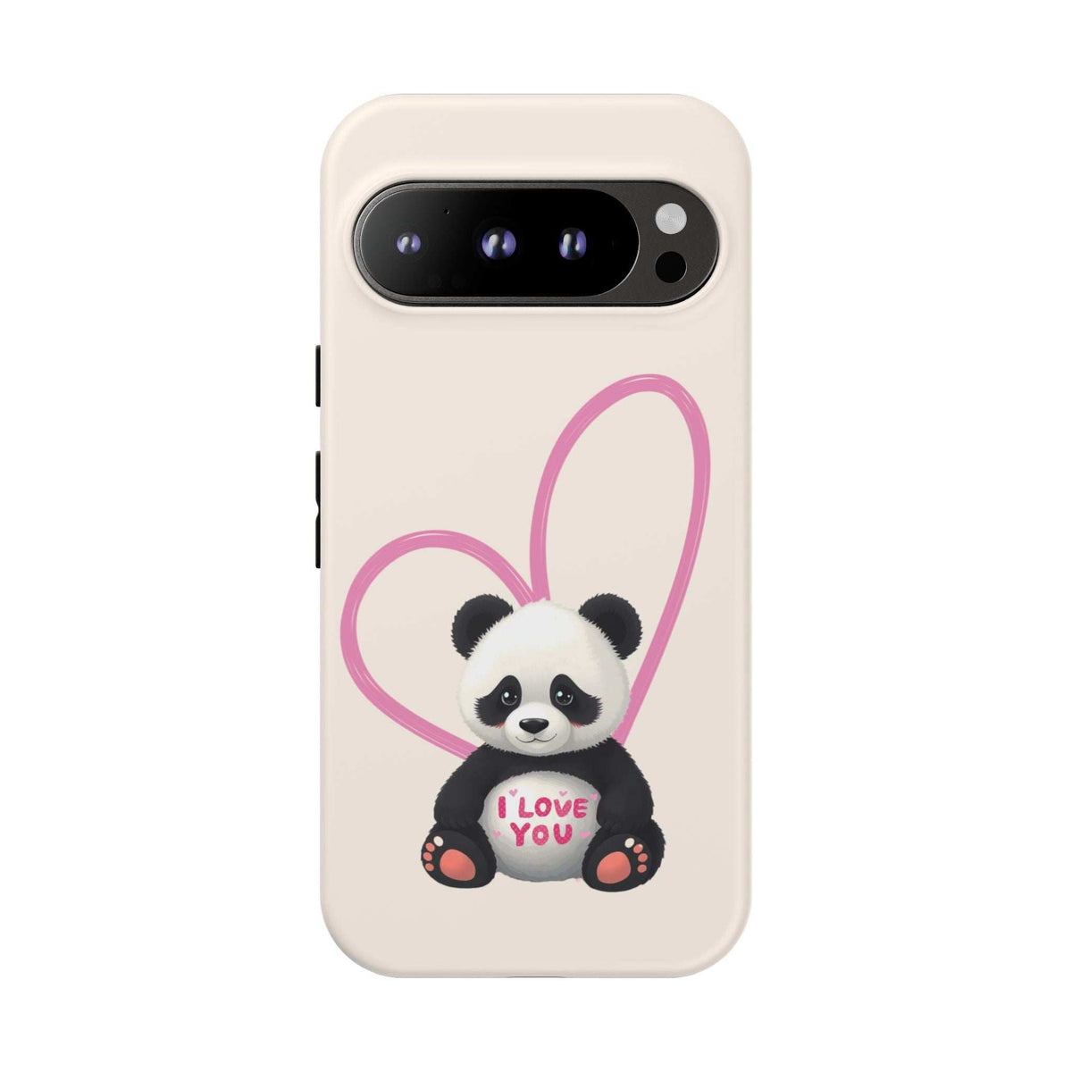 Cream phone case showing a panda character and pink heart outline
