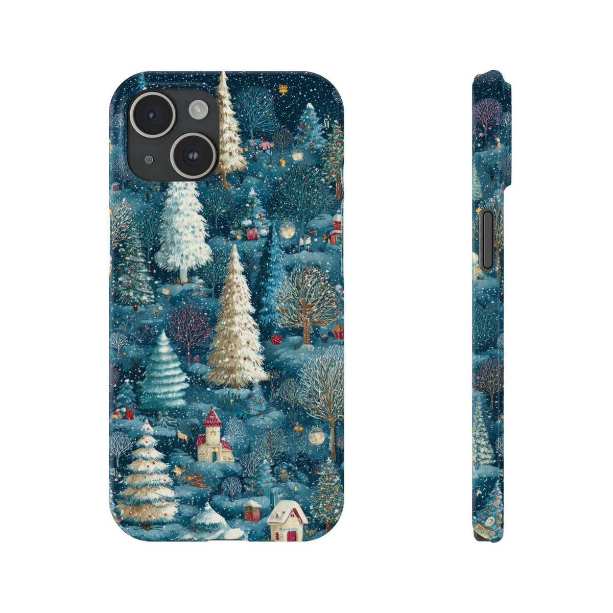 Frosty forest phone case with teal snowy trees and a small church-like building; front and side