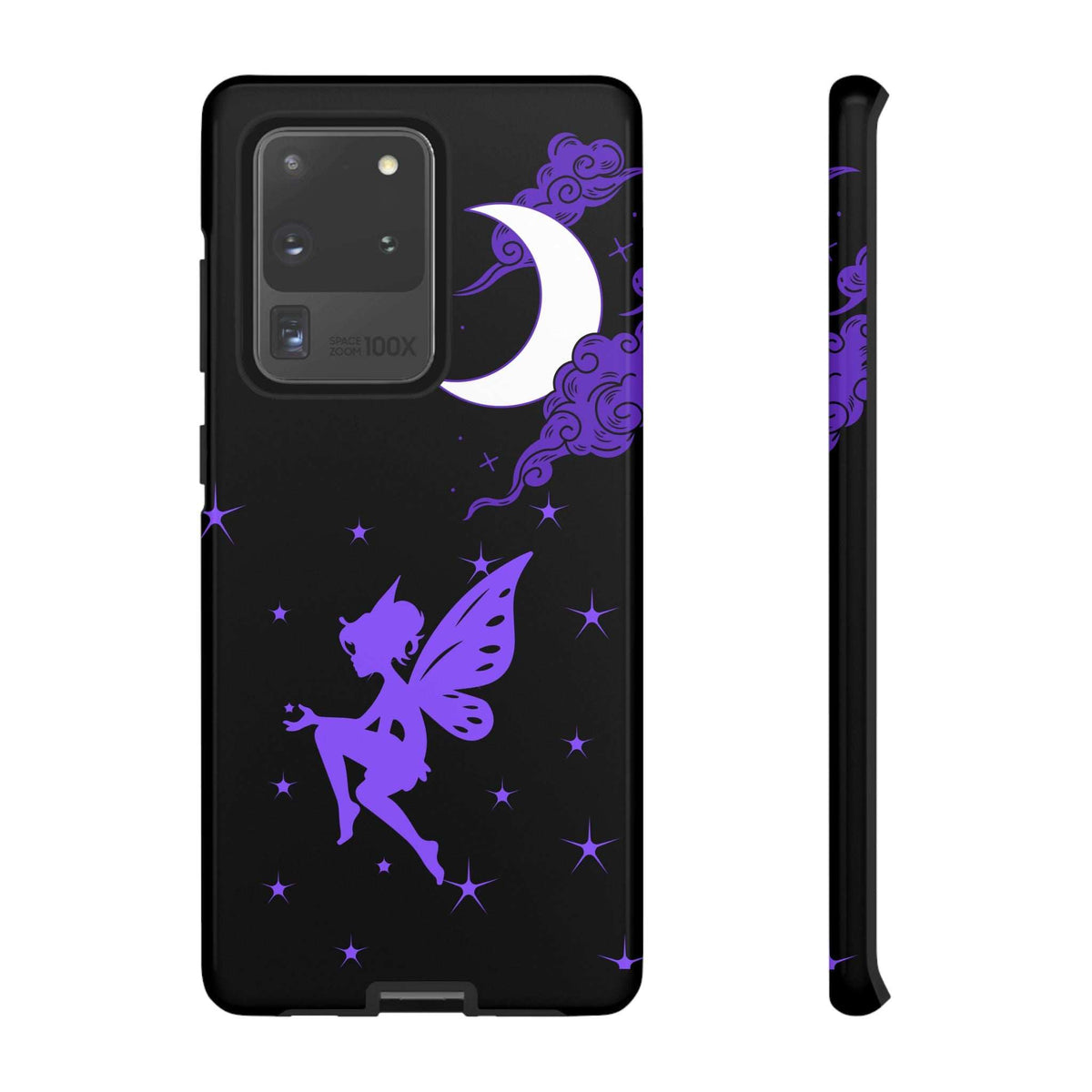 Black phone case with purple fairy, moon, and star sparkle; camera lenses on back