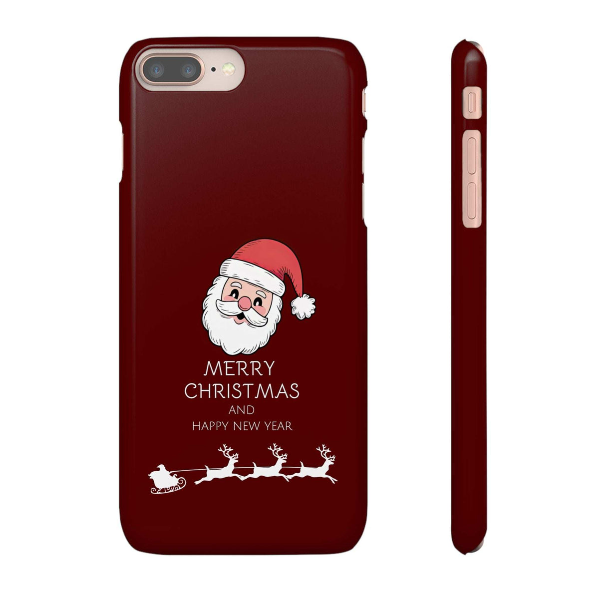 Red glossy phone case back and side view with Santa Merry Christmas graphic