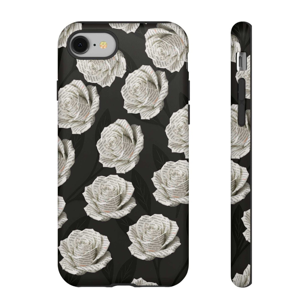 Phone case with black background and white rose pattern, front camera cutout