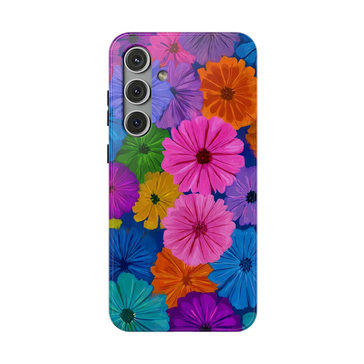 Multicolor floral phone case with camera lens cutouts and side button cutout detail.