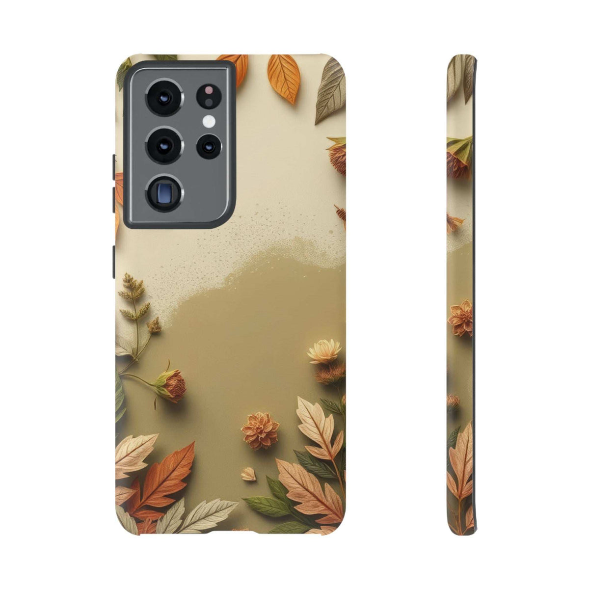 Phone case with autumn leaves design and side view, showing rear camera window